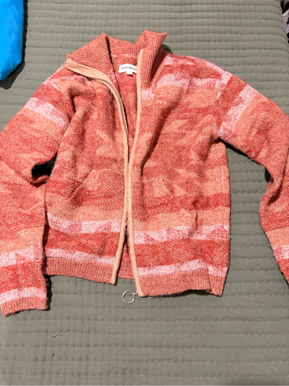 Lucky Brand Coral and Light Pink Striped Zip Cardigan
